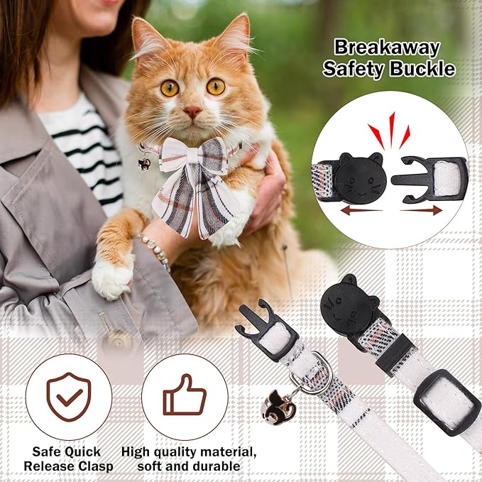 Cat Collar with Bells Breakaway, Bowtie Cat Collar for Boy Girl Cats with Removable Shirt Collar, Cute Plaid Kitten Collar with Bell & Pendant Adjustable, 3 Pack Beige Cat Collars