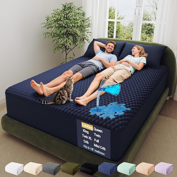 OhGeni 100% Waterproof Mattress Protector, Cal King-Navy Blue Size Mattress Pad, Fits 6"-20" Mattresses with Deep Pocket, Cooling, Breathable Fitted Sheets, Soft Bed Cover, Noiseless, Washable