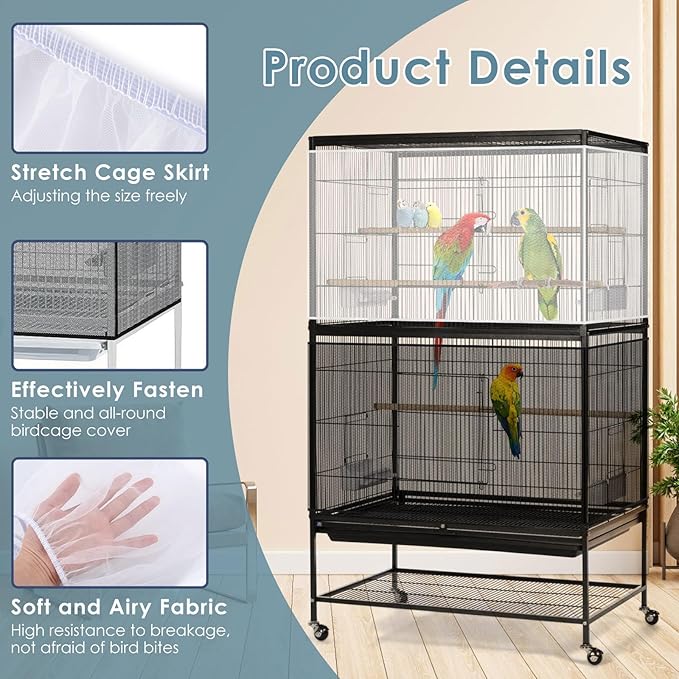 Bissap 2 PCS Bird Cage Seed Catcher, 59-90'' Universal Birdcage Net Nylon Adjustable Elastic Band Stretchy Skirts Mesh Cover for Parrot Cage Seed Guard (Not Include Birdcage)- White & Black