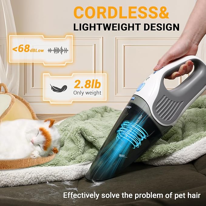 DEKOPRO Cordless Handheld Portable Vacuum Cleaner, Small Rechargeable with 8000PA Powerful Suction, Car Vacuum with Multi Accessories to Clean Home, Pet Hair and Car, White
