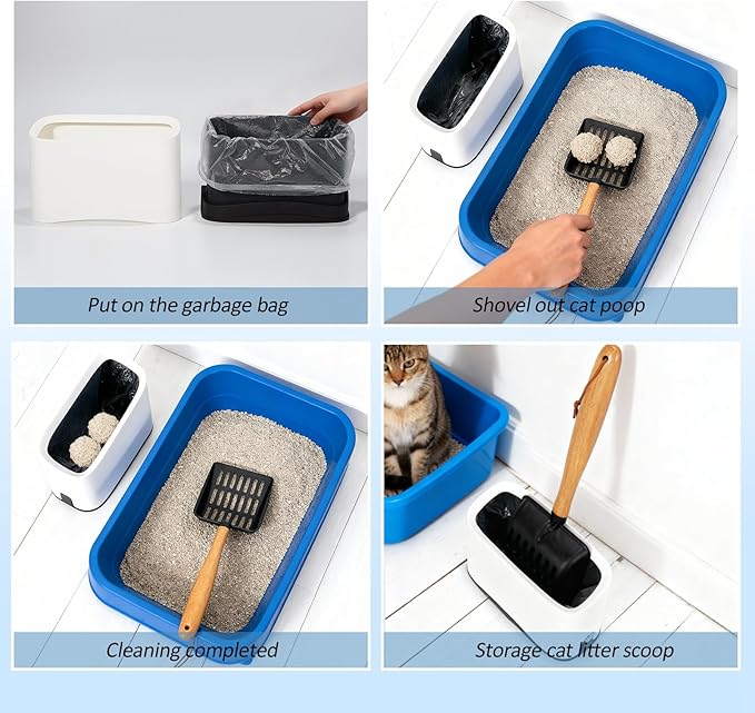 Cat Litter Scoop, Metal Litter Scoop, Heavy Duty Metal Cat Scooper for Litter Box, Black Sifter Scoop for Pellets, Wooden Handle Scoop with Hole, Kitty Necessity (9.8" Handle with Holder)