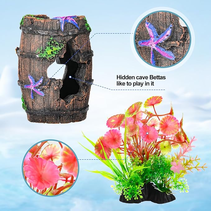CousDUoBe Fish Broken Barrel Decor Fish Tank Decorations Betta Fish Tank Accessories,Starfish Barrel x 1pc, Aquarium Plants x 11pcs