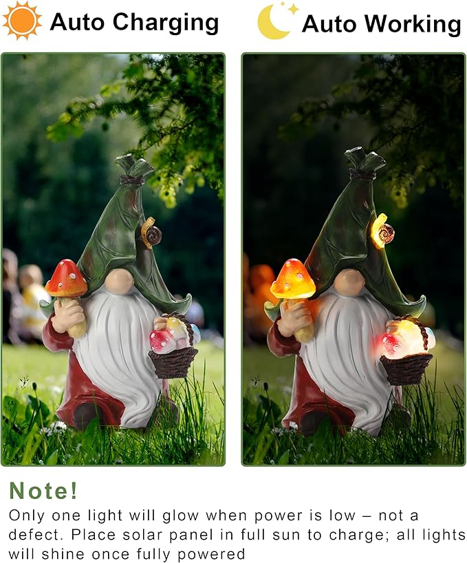 Mushroom-Picking Gnome Solar Garden Statue with 3 LED Lights, Set with 1 Gnome and 2 Small Mushroom, Lovely Garden Gnome Set for Patio, Yard, Lawn Ornament, Outdoor Christmas Decor