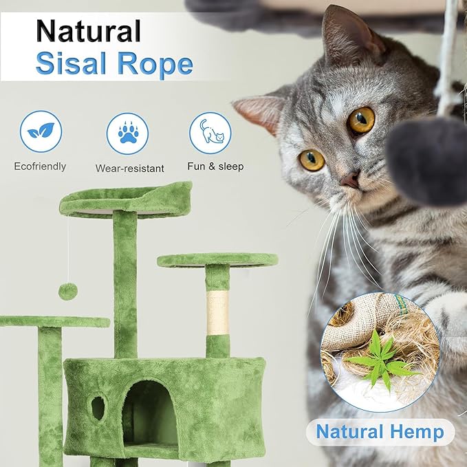 FDW | 70" Cat Tree Tower | Green | Multi-Level Indoor Activity Center with Sisal Scratching Posts, Condos, Plush Perches, Hanging Cat Toys | Sturdy, Easy to Assemble | for Kittens & Adult Cats