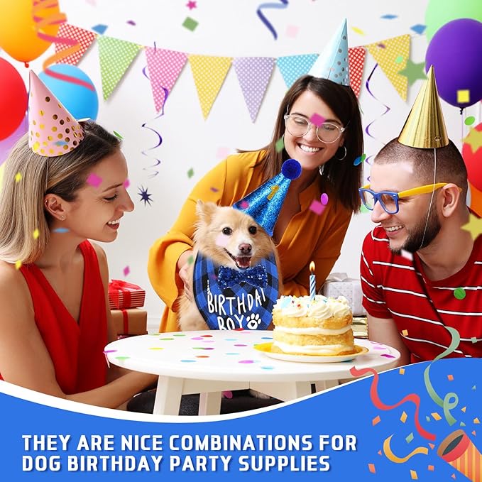 Weewooday Dog Birthday Party Supplies Birthday Boy Girl Cake Bandana Triangle Scarf Party Hat Dog Bow Tie Collar with Numbers for Large Medium Small Dog Puppy 1st Birthday(Elegant Style,X-Large)