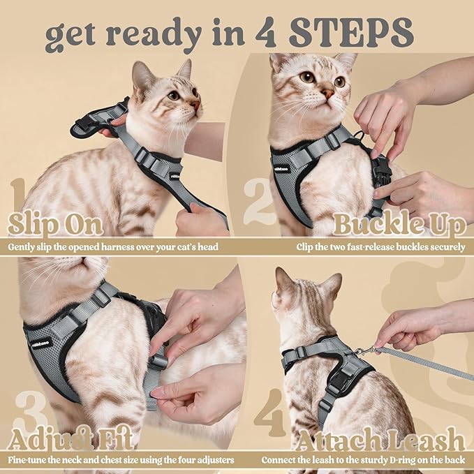 rabbitgoo Cat Harness and Leash for Walking, Escape Proof Soft Adjustable Vest Harnesses for Cats, Easy Control Breathable Reflective Strips Jacket, Grey, M