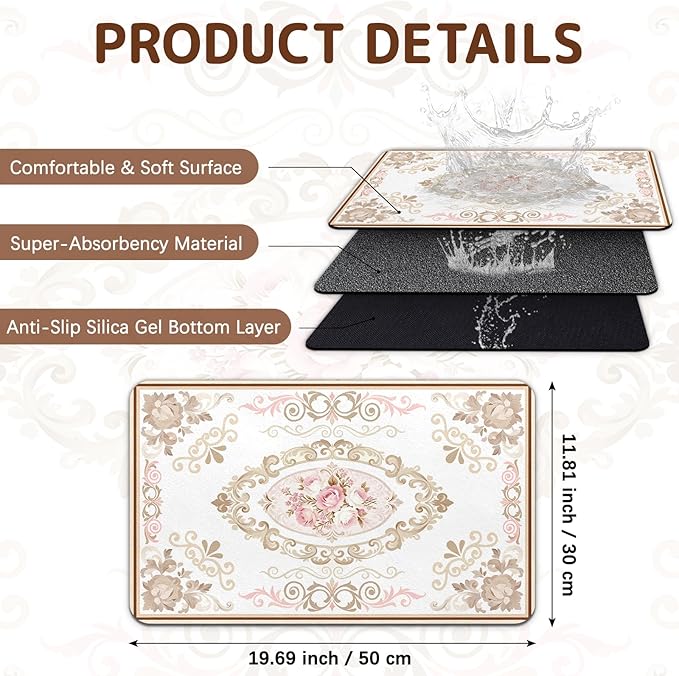 Dog Food Mat for Bowls, Absorbent Quick Dry Dog Cat Mats for Food and Water, Non-Slip Backing Pet Mat Pet Supplies - Floral Pattern