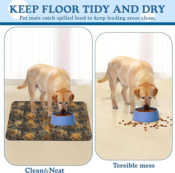 Grunge Boho Pet Feeding Mat for Floors–Christmas Stocking Absorbent Quick Dry Dog Cat Bowl Mat for Food and Water, Non Slip Waterproof Base, Mess-Free Feeding Accessories 12"x20"