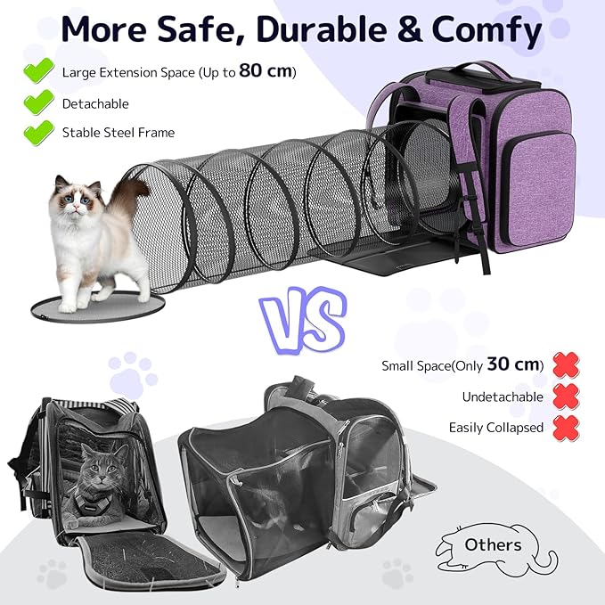 Cat Backpack Carrier with Detachable Play Tunnel, 2 in 1 Cat Tunnel Backpack Suitable for Carrying & Playing, Expandable Dog Carrier for Small Medium Kitten Puppy, Suitable for Travel Hiking Camping