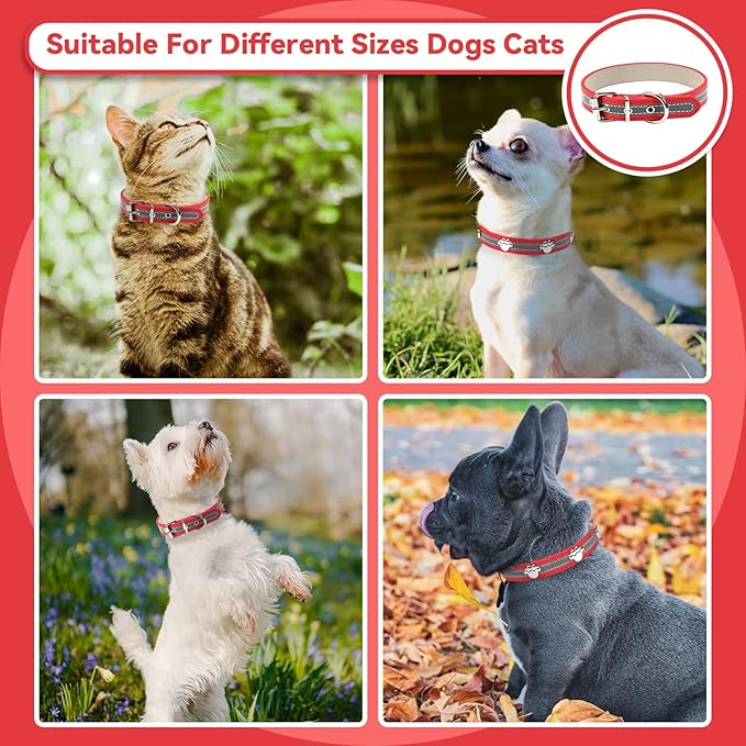 PETCARE Reflective Dog Collar with Cute Paw Rivet Studded Funny Soft PU Leather Adjustable Puppy Dog Collars for Small Medium Large Dogs Cats (Red,X-Large)