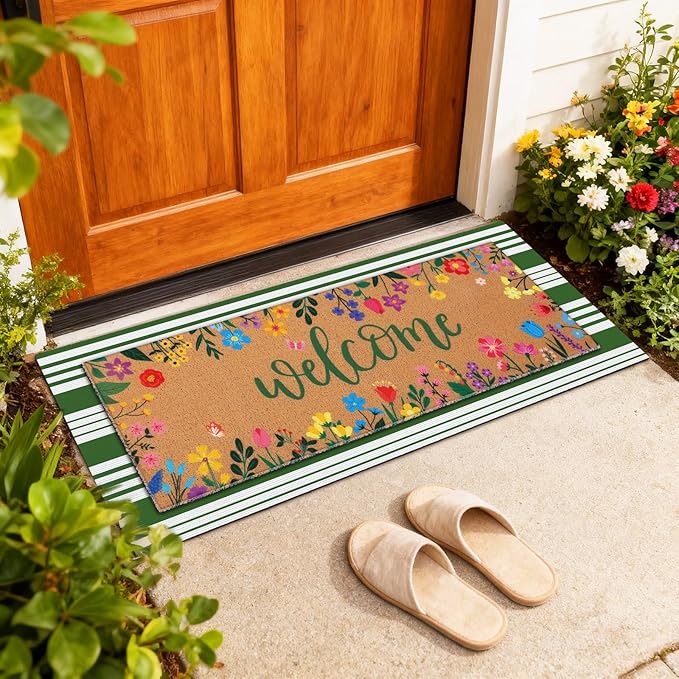 Tinideya 2 Pcs Door Mat Welcome Non Slip Coir Mats Floor Layering Doormats Seasonal for Front Porch Entryway Decor(16.14 x 47.24 Inches,Spring Flowers,Green Brown)