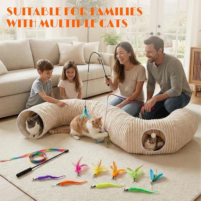 Cat Tunnel for Indoor Cats - Collapsible Foldable Play Tunnel with Cat Toys for Kittens & Rabbits, Fun Interactive Pet Toys for Enrichment & Hiding, Large Durable Crawl Tube for Playtime and Exercise