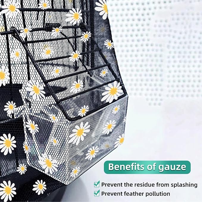 Bird Cage Seed Catcher, Seed Catcher Guard Net Cover, Parrot Nylon Mesh Net Cover, Universal Soft Airy Cage Net Stretchy Skirt for Round Square Cages (Daisy-Black, 15.7" x87")
