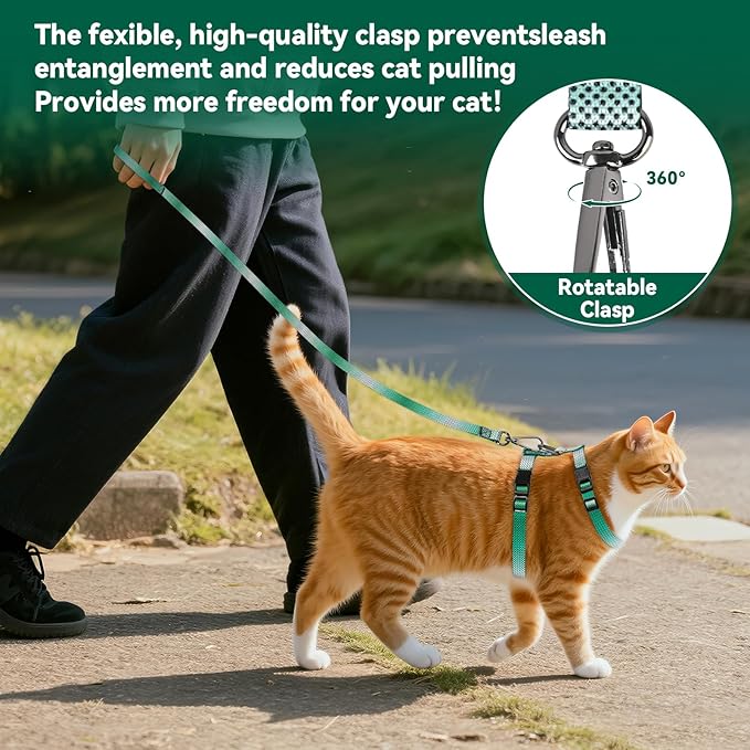 Cat Harness and Leash Set, 3-in-1 Escape Proof Adjustable, Comfortable Soft Lightweight, Safe, Easy to Wear, Walking Travel Kitten Harness for Small Medium Large Cats (Light Green)