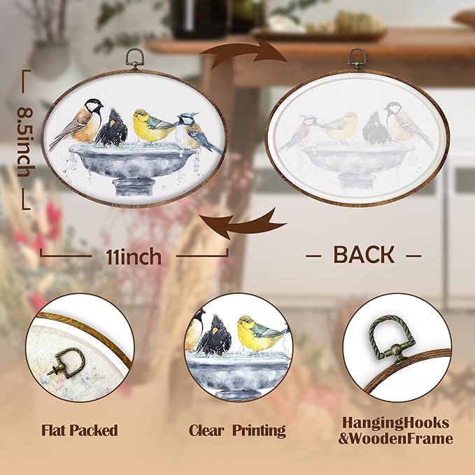 DILSJ Bird Oval Wall Art Decor, Country Bird Bath Canvas Wall Art Framed, Rustic Watercolor Birds Hanging Decorations for Bathroom Washroom Restroom Toilet, 8.5x11 Inch