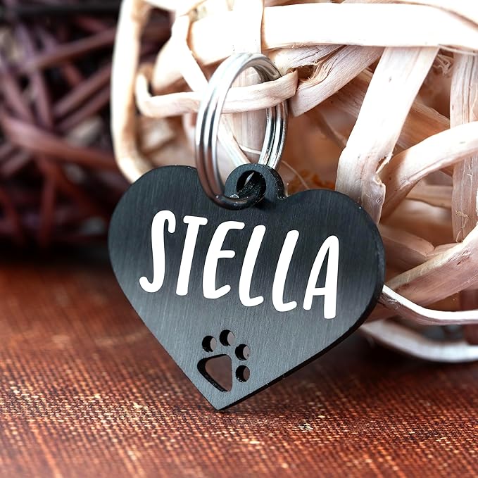 Ultra Joys Dog Tags Personalized for Pets - Hollow Paw Custom Pet ID Tag - Engraved Dog Tag for Small, Large Dogs - Small Heart in Black