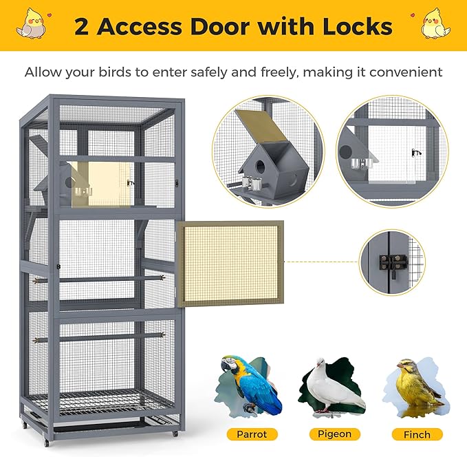 Coziwow 68" H Large Wood Bird Cage on Wheels, Outdoor Bird Aviary Indoor Wooden Large Bird Cage Parakeet Cage with Pull Out Tray and Feeder,Ideal for Small Birds,Finches,Parrots, Gray