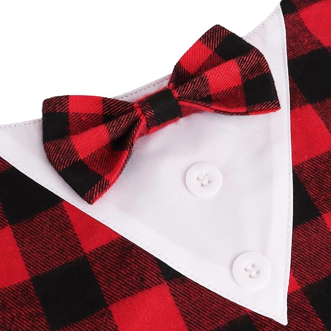 ADOGGYGO Christmas Dog Tuxedo Bandana, Red Plaid Xmas Pet Bowtie Collar, Adjustable Christmas Costumes for Medium Dogs (M)