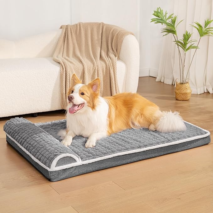 Orthopedic XL Dog Bed Large Sized Dog with Pillow 48''X30'', Waterproof Soft Comfortable Egg Crate Foam Pet Crate Beds Mat with Removable Washable Cover and Non-Slip Bottom, Grey