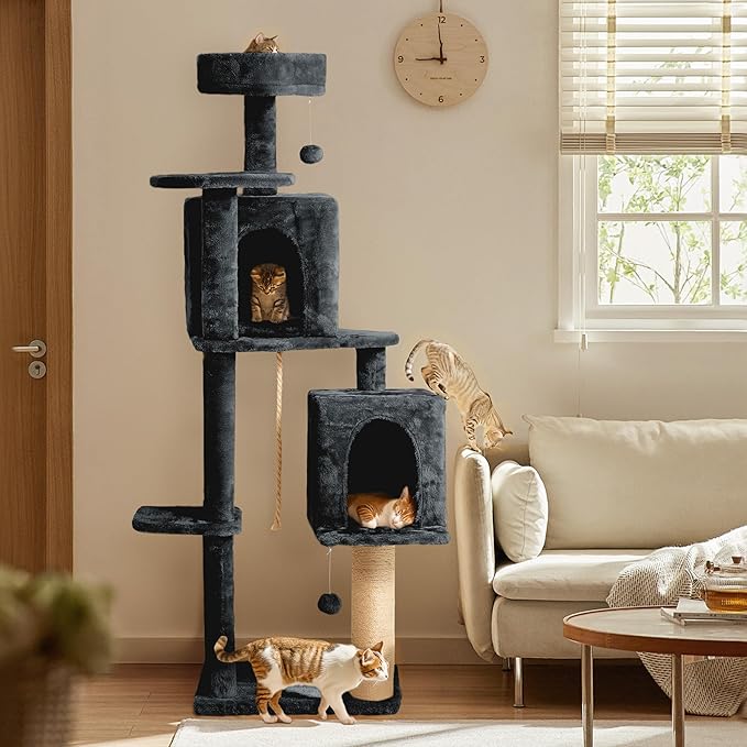 56-Inch Cat Tree for Large Cats, Multi-Level Cat Tower with 2 Condos, Sisal Scratching Posts & Hanging Toys, Sturdy Cat Furniture for Indoor Cats, Space-Saving Design Easy Assembly, Smoke Grey