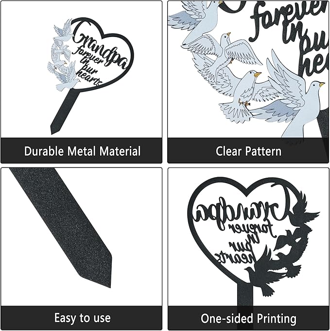 BUoonyer Stake Graves Cemetery Decorations - Grandpa Metal Memorial Grave Markers, Grandfather Heart Graveyard Sympathy Plaque, Dove Remembrance Graveside Burial Decor Sign for Outside Yard Garden