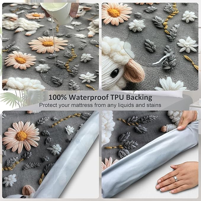 Waterproof Mattress Protector Full, Fitted Sheet Style Breathable Mattress Cover with Deep Pocket Fits Up to 18'', Noiseless Bed Cover for Kids Adults Pets, Machine Washable (Sheep, Full)