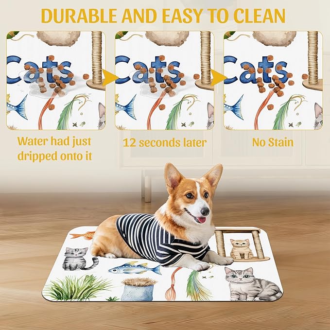 Cat Fun Pet Feeding Mat, Absorbent Bowl Pad for Dogs and Cats, Fast Dry, Non-Slip Back, Indoor Use – 16x24 Inch