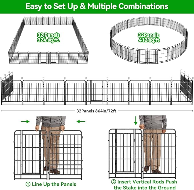 Heavy Duty Dog Playpen: 32 Steel Panels 40" Height, Square Steel Pipe with Reinforced Crossbars, 71FT 406 Sq.ft Portable Fence for Yard RV Camping, Snowy Black