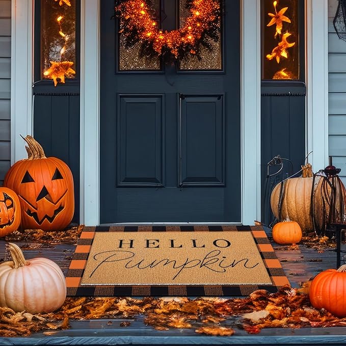 Tinideya 2 Pcs Door Mat Welcome Non Slip Coir Mats Floor Layering Doormats Seasonal for Front Porch Entryway Decor(Black Orange)