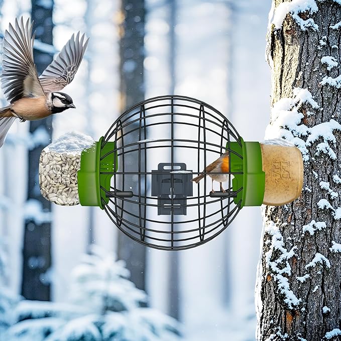 LONA Squirrel Proof Bird Feeding Cage for Outdoors - All-Weather Metal Caged Bird Feeders with Peanut Butter Jar Holder, Chew-Proof Feeding Cage for Small Birds (Round Cage, 2 Feeding Units)