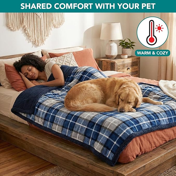 PetAmi Waterproof Dog Blanket for Medium Large Dog Puppy Cat Throw for Couch Cover Leakproof Protection, Sherpa Fleece, Reversible Soft Washable 60x40 Plaid Navy Blue