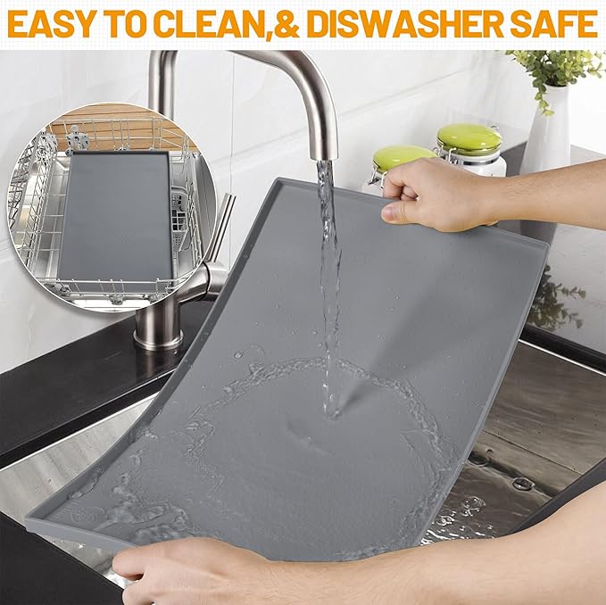 Hubulk Dog Feeding Mat,100% Waterproof Food Grade Silicone Pet Food and Water Bowl Placemat,Dishwasher, High Raised Edge to Prevent Spills,Nonslip Tray to Stop Messes on Floor（28"x18"x0.8", Grey）