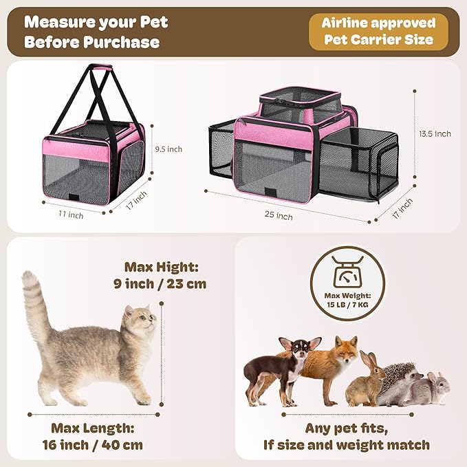 Top and 2 Sides Expandable Pet Carrier 17x11x9.5, TSA Airline Approved Small Dog Carriers for Small Dogs, Soft-Sided Cat Carrier with Self-Locking Zippers for Kitten,Rabbit, Puppy, Guinea Pig Pink