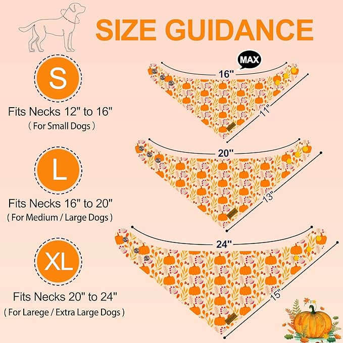 Fall Dog Bandanas - 2 Pack Thanksgiving Dog Bandana with Snap Button | Reversible Pumpkin Pet Scarf for Boy & Girl | Premium Durable Fabric | Holiday Bandana for Medium and Large Dogs (Large)