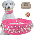 TEEMERRYCA Adjustable PU Leather Spiked Studded Dog Collars with a Squeak Ball Gift for Small Medium Large Pets Like Cats/Pit Bull/Bulldog/Pugs/Husky, Hot Pink, XL 17.7"-20.5"