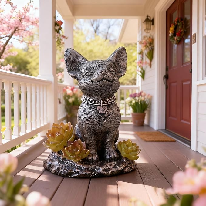 Dog Statue, Solar Garden Statues, Dog Decor with Solar Lantern, Outdoor Garden Decor for Lawn Yard, Patio Porch Decor, Dog Figurines Gifts for Mom, Grandma, Women, Housewarming Presents