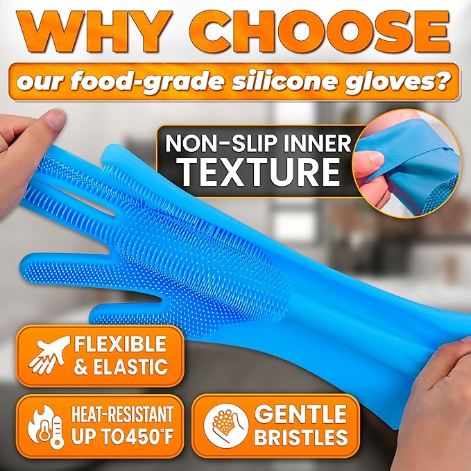ALPENKOK Silicone Dish Gloves with Scrubbers – Thick Tear-Resistant Dishwashing Gloves – Long-Lasting | Household Use