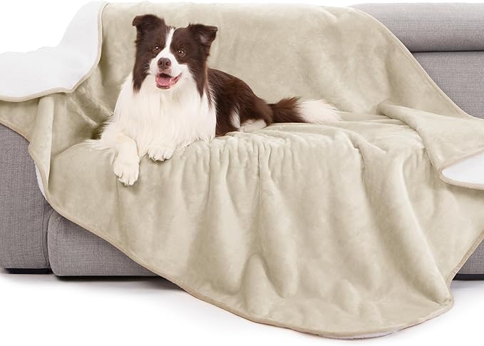 gogobunny Waterproof Bed Blanket, Reversible Sherpa Fleece Throw Blanket for Dog Puppy Cat, Furniture Cover Protects Bed Couch Sofa from Liquid Pee and Pet Fur (Cream, 60x80 inches)