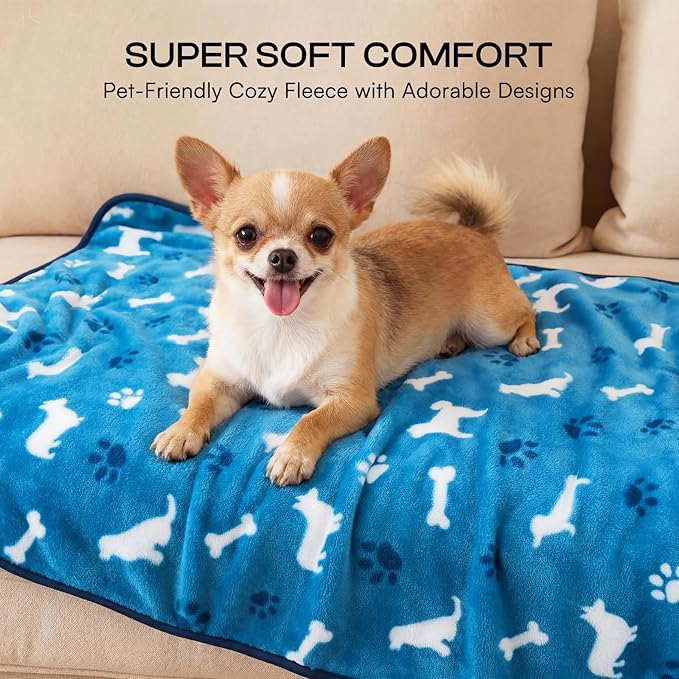 Luciphia 1 Pack 3 Dog Printed Fleece Pet Blankets Washable，Soft Warm Throw Covers for Crate Couch Bed，Cozy Puppy Essentials for Dogs and Cats， Blue/Grey/Khaki, Medium (30x20)
