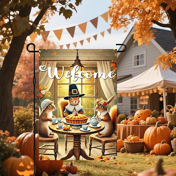 Welcome Garden Flag Autumn Garden Flag Adorable Squirrels Tea Party Decorative Garden Flags Pumpkin Pie Festive Fall Scene Outdoor Yard Banner 12x18 Inch Double Sided Home Accent