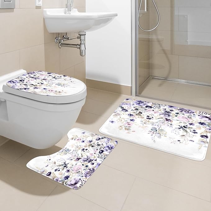 4 PCS Purple Floral Flower Shower Curtain Set 72Wx72H Inch Watercolor Pastel Complete Bathroom Set Non-Slip Bath Rug Toilet Lid Cover and U Shape Mat Accessories 12 Hooks Bathoom Decor