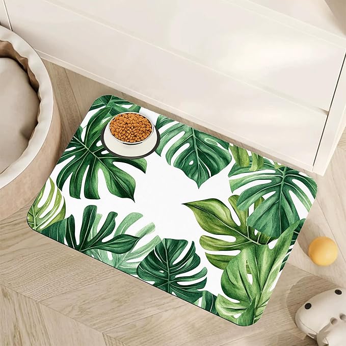 Palm Leaf Pet Feeding Mat,Boho Absorbent Quick-Dry Cat Dog Food and Water Bowl Mats,Non-Slip Rubber Backing Mat,Cat Dog Accessories Supplies 12"x20"