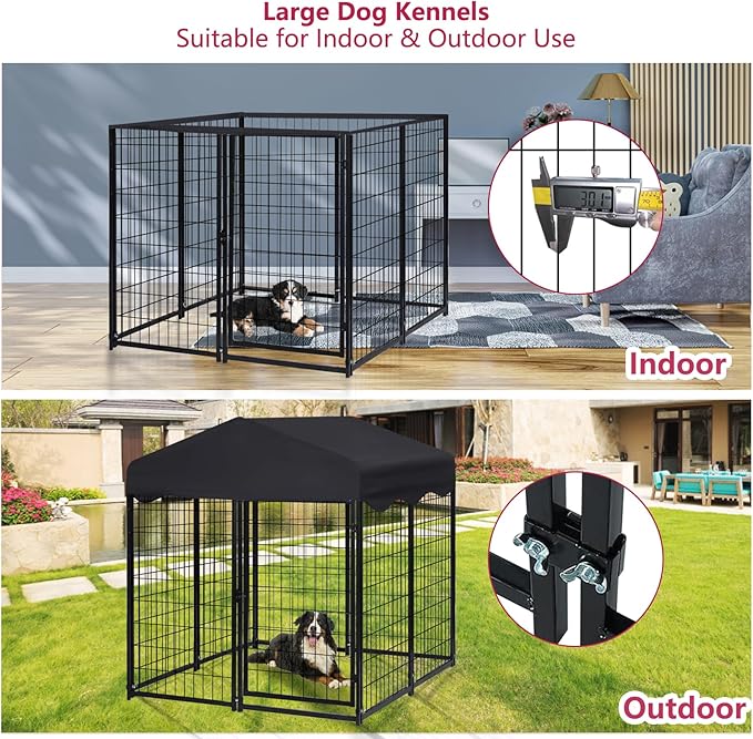 Dog Kennel Outside, 4.5' x 4' x 4' Dog Kennel Outdoor with Roof for Medium Small Dogs, Outdoor Dog Cage Dog Pen with Waterproof & UV-Resistant Cover, 12 Nails for Stablility, 2 Sets