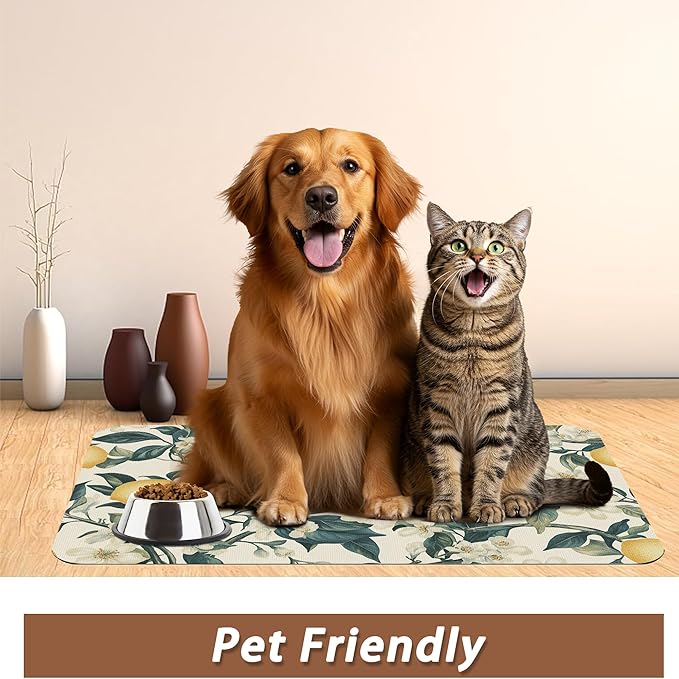 Hummingbird Dog Food Mat for Floors,Vintage Lemon Absorbent Quick-Dry Pet Feeding Mat,Cat Dog Bowl Mats for Food and Water,Non-Slip Pet Accessories Supplies 12"x20"