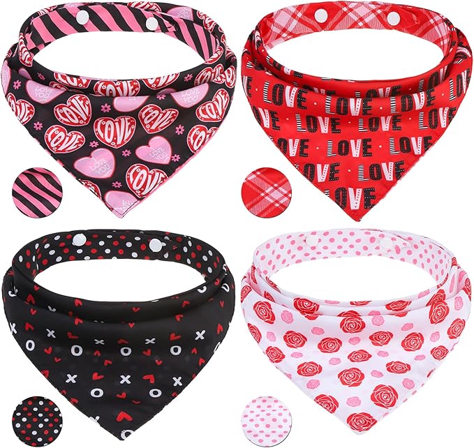 PAWCHIE Valentine's Day Dog Bandanas 4 Pack, Reversible Dog Party Triangle Scarf Bibs, Pet Holiday Costume with Adjustable Snaps, Multiple Love-Themed Patterns for Medium Dogs Puppy,Cats Pets, L