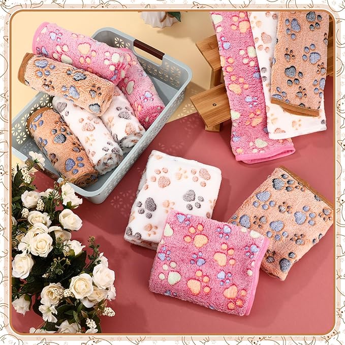 Tegeme 12 Pcs Pet Blankets Soft Fluffy Fleece Dog Cat Warm Paw Print Pattern Blankets Flannel Throw for Pets Dog Puppy Cat(30 x 20 Inch,Pink,Beige,Camel)