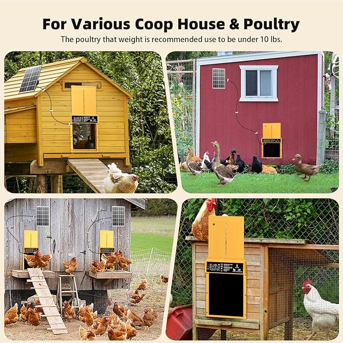 2025 Upgrade 7W Solar Power Chicken Door, Pet Deluxe Automatic Chicken Coop Door with 10PCS Wire Clip, Timer, Light Sensor, LCD Display & Anti-Pinch Durable Aluminum Auto Coop Door with 4 Modes-Gold