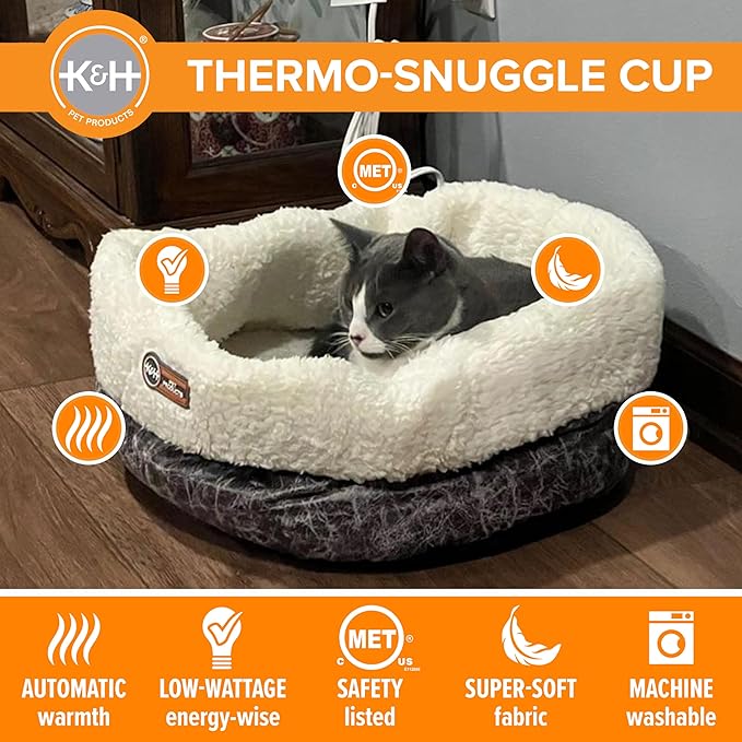 K&H Pet ProductsHeated Cat Bed Indoor,Thermo-Snuggle Cup Bomber Soft Heated Pet Bed for Large Indoor Cats & Small Dogs,Machine Washable,Waterproof-Heated Pad,Safety Listed,18 X 14in Gray,(Pack of 6)