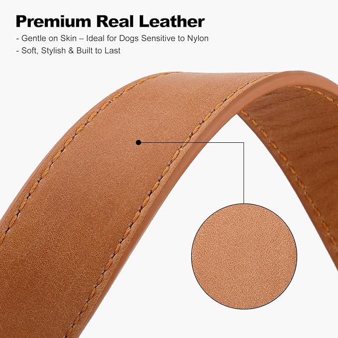Plutus Pet Genuine Leather Dog Collar – Adjustable Pet Collar with Quick Release Metal Buckle, Soft Real Leather for Small Medium Large Dogs, Heavy Duty & Skin-Friendly (Light Brown, M)
