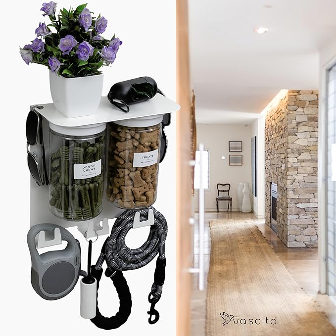 Dog Treat Holder For Wall Storage For Pets, Premium Pet Wall Organizer, Includes Two 32oz Airtight Dog Treat Jar, 3 Sets of Triple Hooks, Sturdy Shelf in Designer White